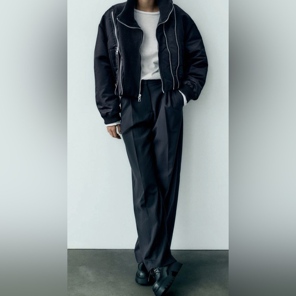 Zara Navy Pinstripe Bomber Jacket W/ Multiple Silver Zippers.  Size XS.  NWOT. - Picture 8 of 13